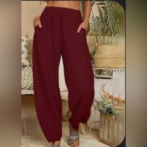 Fashionable & Highly Flattering wine colored poly slacks!